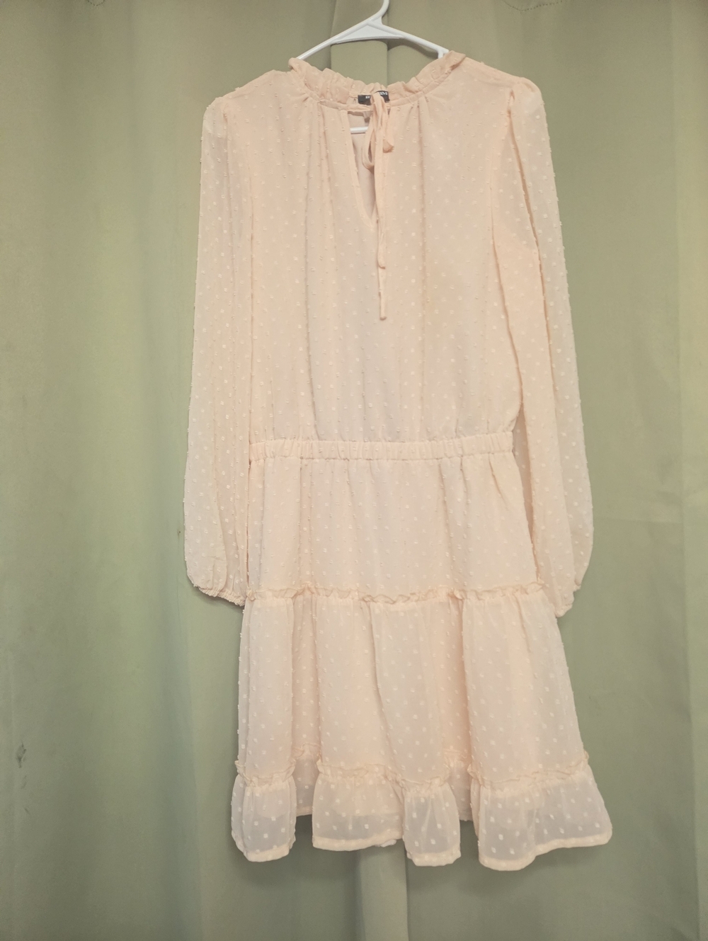 Long-Sleeve Pink Swiss Dot Tie-Neck Tiered Dress